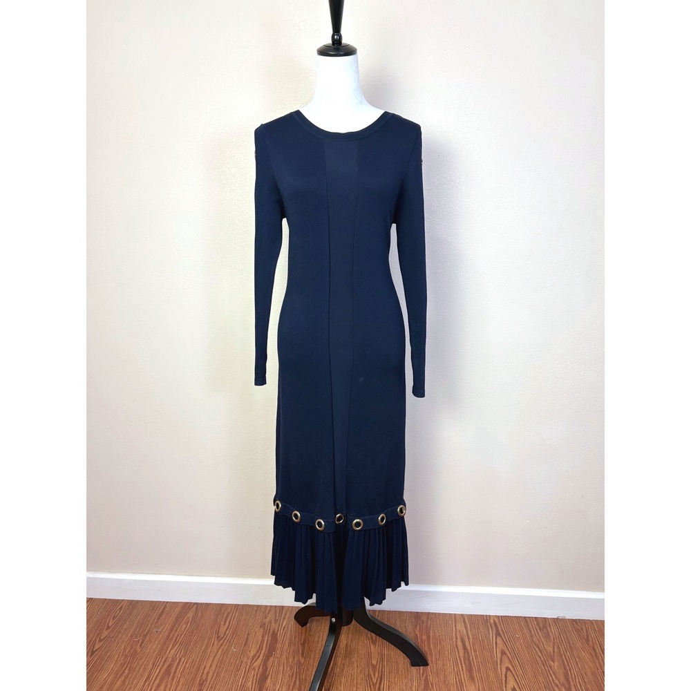 Ashro Navy Blue & Gold O Ring Cutouts Pleated Hem Midi Dress Size Medium Chic
